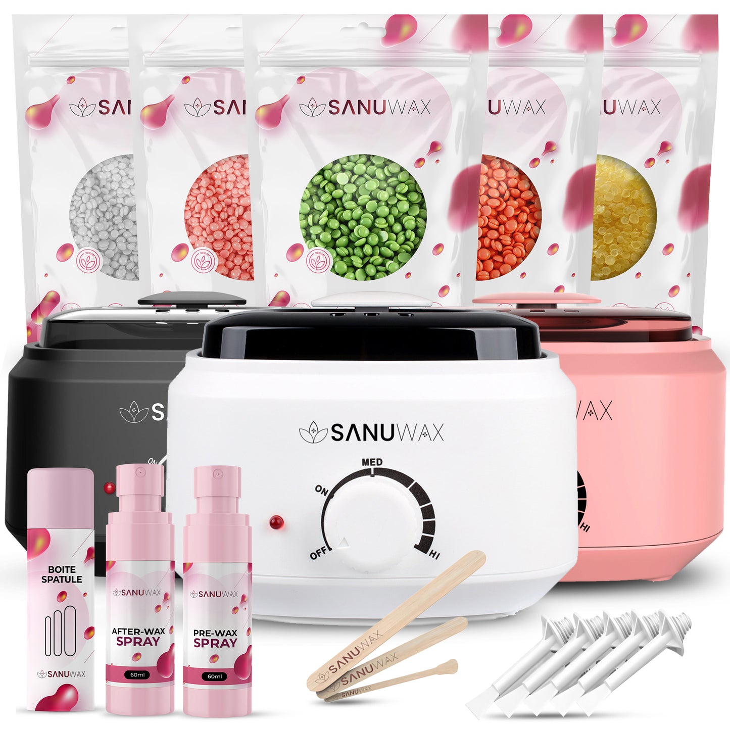 Sanu Wax Home Waxing Kit Black: Digital Wax Warmer Kit for Brazilian Bikini Coarse Hair Removal with 14oz Hard Wax Beads for Eyebrow, Legs, Armpit, Face, and Pre &amp; After Wax Spray