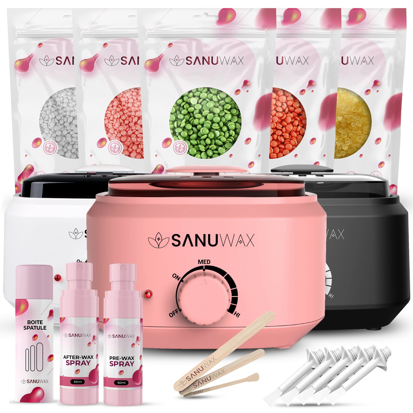 Sanu Wax Home Waxing Kit Black: Digital Wax Warmer Kit for Brazilian Bikini Coarse Hair Removal with 14oz Hard Wax Beads for Eyebrow, Legs, Armpit, Face, and Pre &amp; After Wax Spray