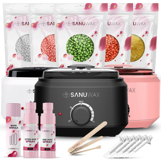 Sanu Wax Home Waxing Kit Black: Digital Wax Warmer Kit for Brazilian Bikini Coarse Hair Removal with 14oz Hard Wax Beads for Eyebrow, Legs, Armpit, Face, and Pre &amp; After Wax Spray