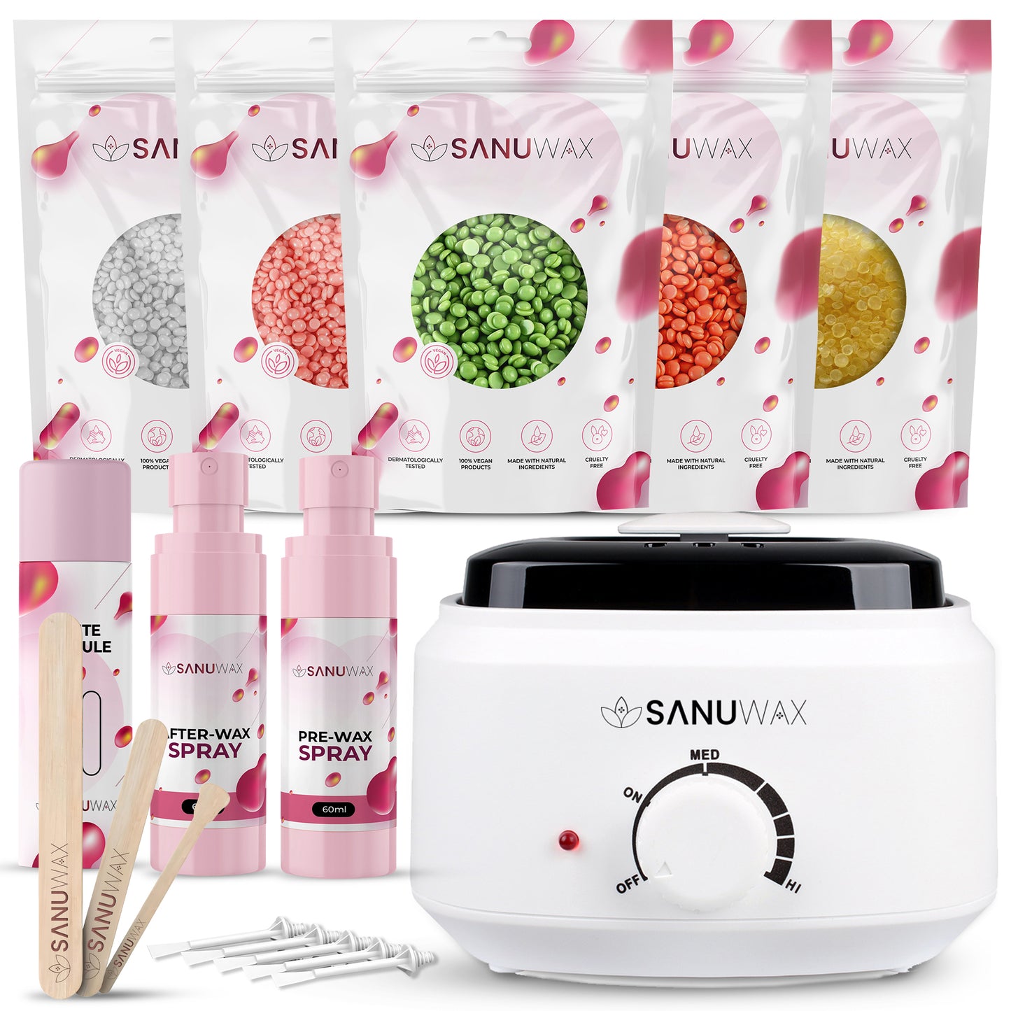 Sanu Wax Home Waxing Kit Black: Digital Wax Warmer Kit for Brazilian Bikini Coarse Hair Removal with 14oz Hard Wax Beads for Eyebrow, Legs, Armpit, Face, and Pre &amp; After Wax Spray
