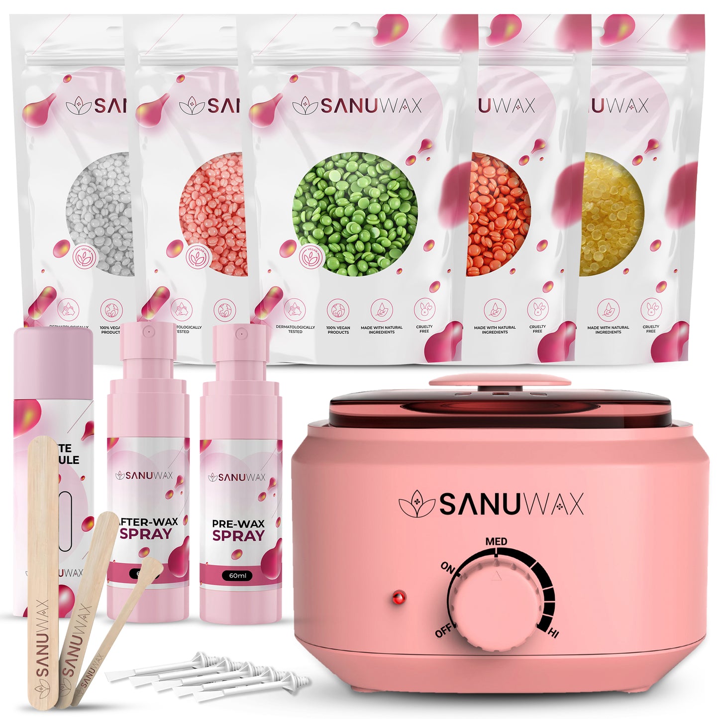 Sanu Wax Home Waxing Kit Black: Digital Wax Warmer Kit for Brazilian Bikini Coarse Hair Removal with 14oz Hard Wax Beads for Eyebrow, Legs, Armpit, Face, and Pre &amp; After Wax Spray